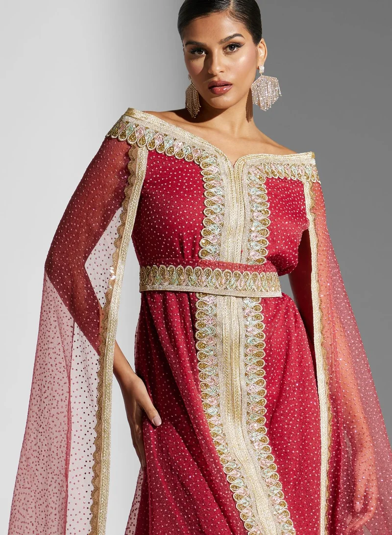 hayas closet Embellished Cape Sleeve Belted Dress