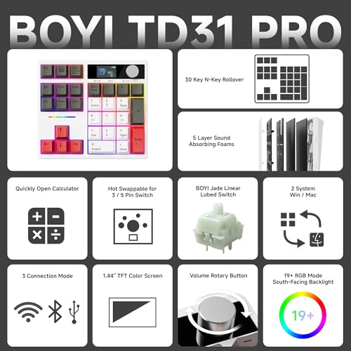 BOYI TD31Pro Mechanical Number Pad,Bluetooth5.0/2.4G/Type-C Wireless Numeric Keypad,RGB HotSwap Numpad with Screen&Knob,PBT Keycaps Rechargeable Gasket Number keypad for Working/Gaming(White-Grey) - Image 2