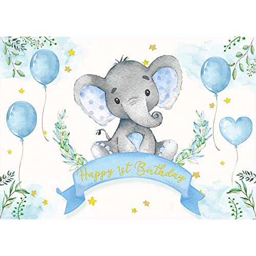 SeekPro 7x5ft Elephant 1st Birthday Rustic Floral Elephant Backdrop Baby Shower Party Blue Flower Boy Banner Birthday Photography Background Cake Table Decoration Photo Booth Studio Props SK1773B - Image 1
