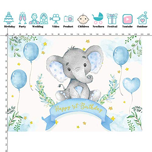 SeekPro 7x5ft Elephant 1st Birthday Rustic Floral Elephant Backdrop Baby Shower Party Blue Flower Boy Banner Birthday Photography Background Cake Table Decoration Photo Booth Studio Props SK1773B - Image 3