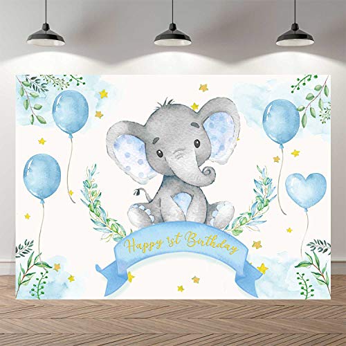 SeekPro 7x5ft Elephant 1st Birthday Rustic Floral Elephant Backdrop Baby Shower Party Blue Flower Boy Banner Birthday Photography Background Cake Table Decoration Photo Booth Studio Props SK1773B - Image 2