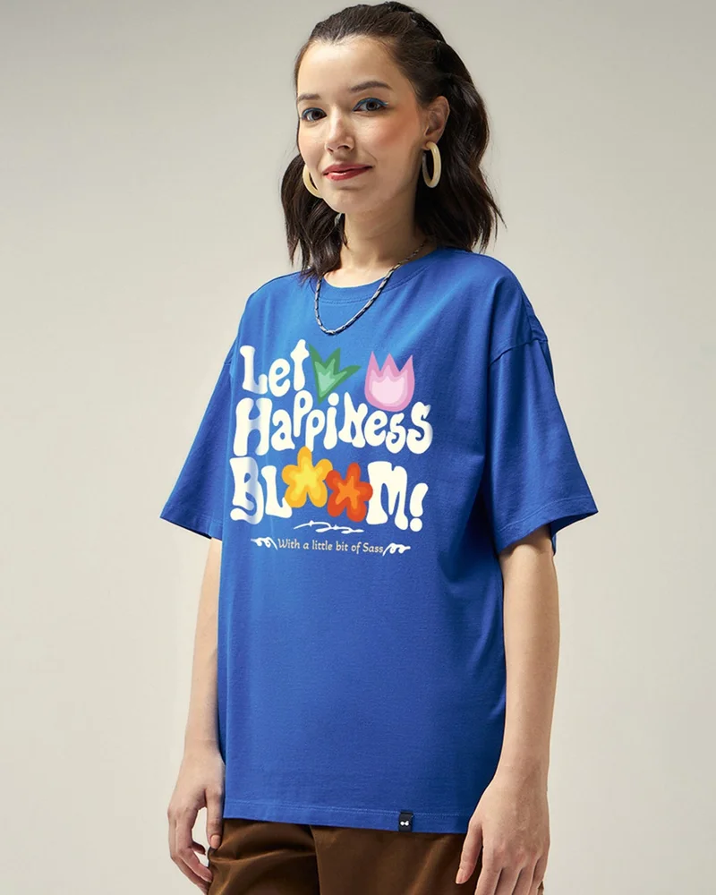 bewakoof Women's Blue Let Happiness Bloom Graphic Printed Oversized T-shirt