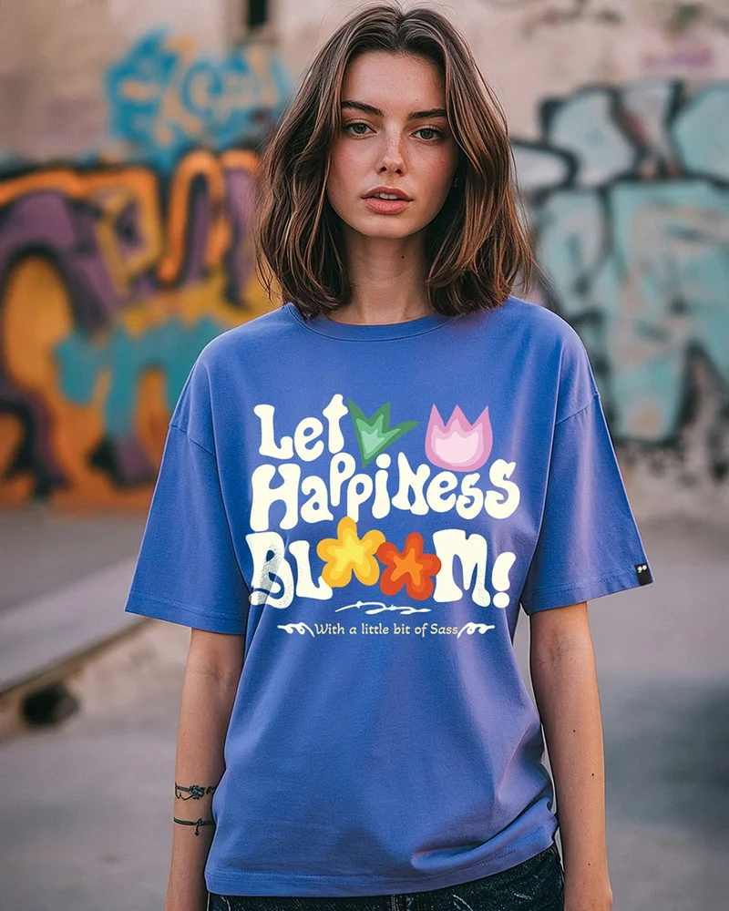 bewakoof Women's Blue Let Happiness Bloom Graphic Printed Oversized T-shirt