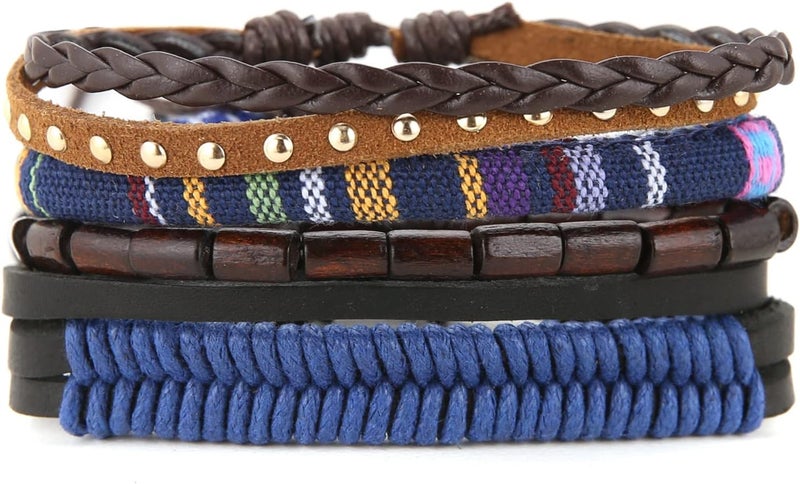HZMAN Wrap Bracelets Men Women, Hemp Cords Wood Beads Ethnic Tribal Bracelets, Leather Wristbands - Image 1