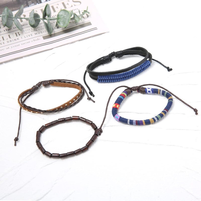 HZMAN Wrap Bracelets Men Women, Hemp Cords Wood Beads Ethnic Tribal Bracelets, Leather Wristbands - Image 3