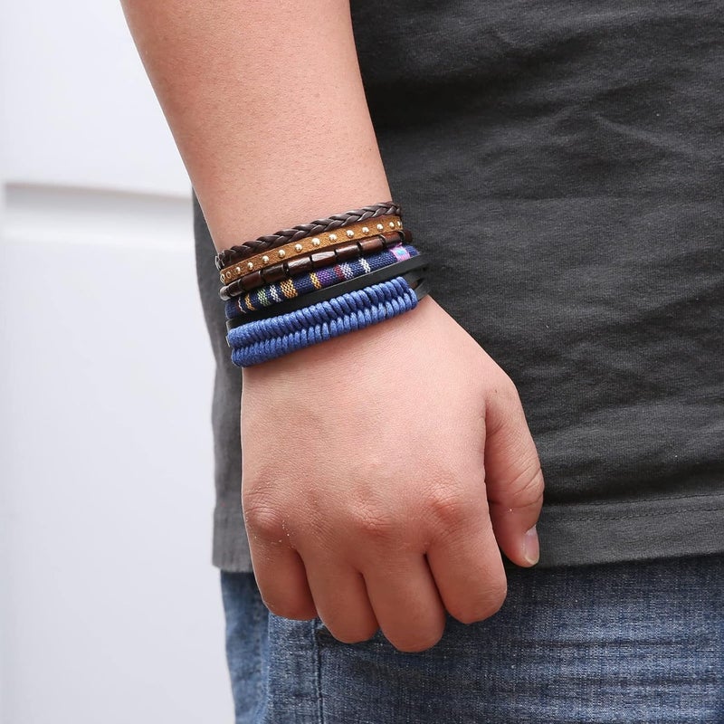 HZMAN Wrap Bracelets Men Women, Hemp Cords Wood Beads Ethnic Tribal Bracelets, Leather Wristbands - Image 4