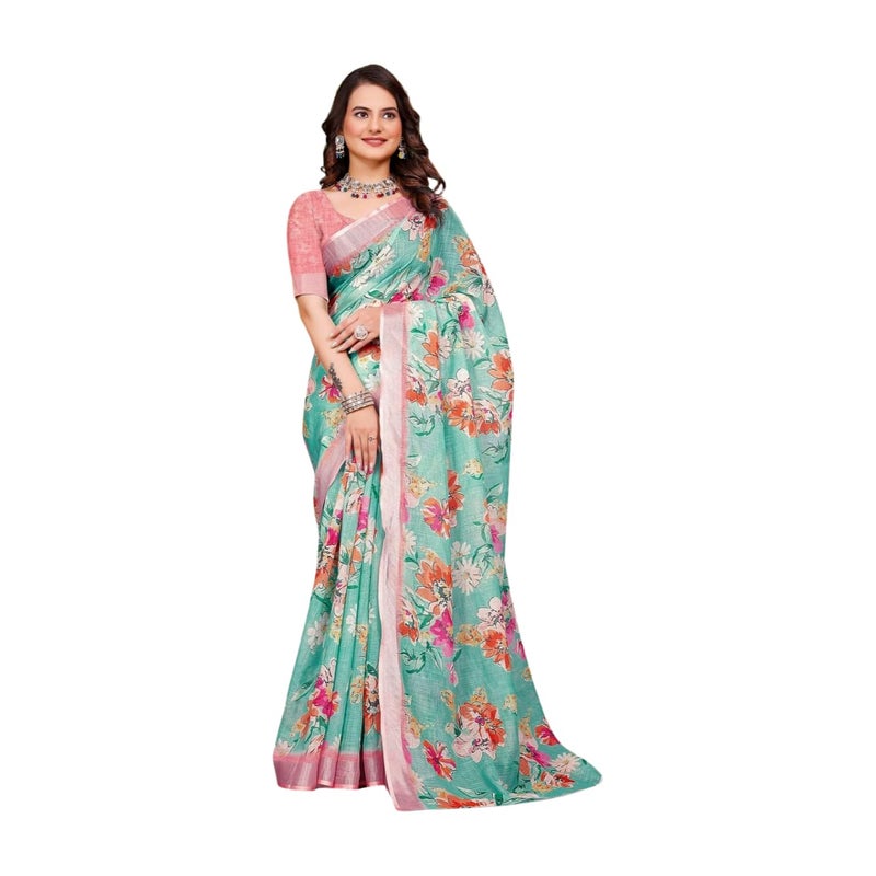 Sidhidata Women's Digital Printed Cotton Linen Blend Saree with Unstitched Blouse Piece in Seagreen and Multicolor - Image 1