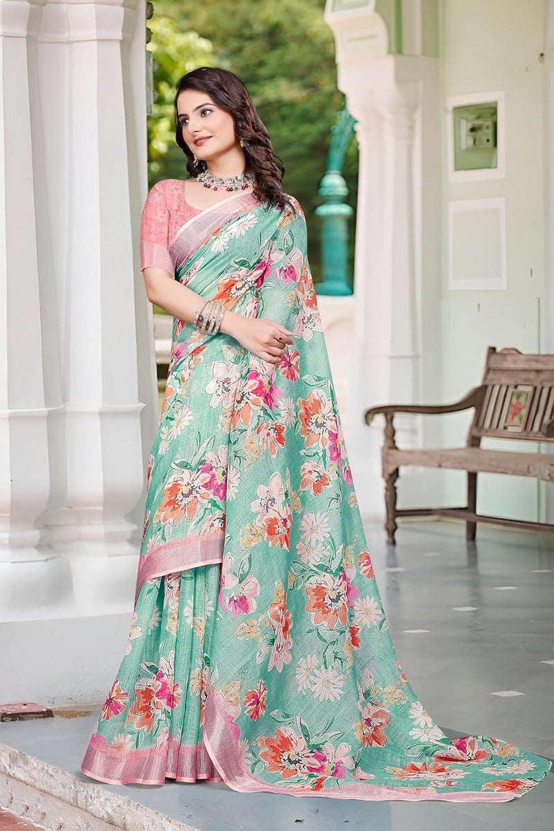 Sidhidata Women's Digital Printed Cotton Linen Blend Saree with Unstitched Blouse Piece in Seagreen and Multicolor - Image 3