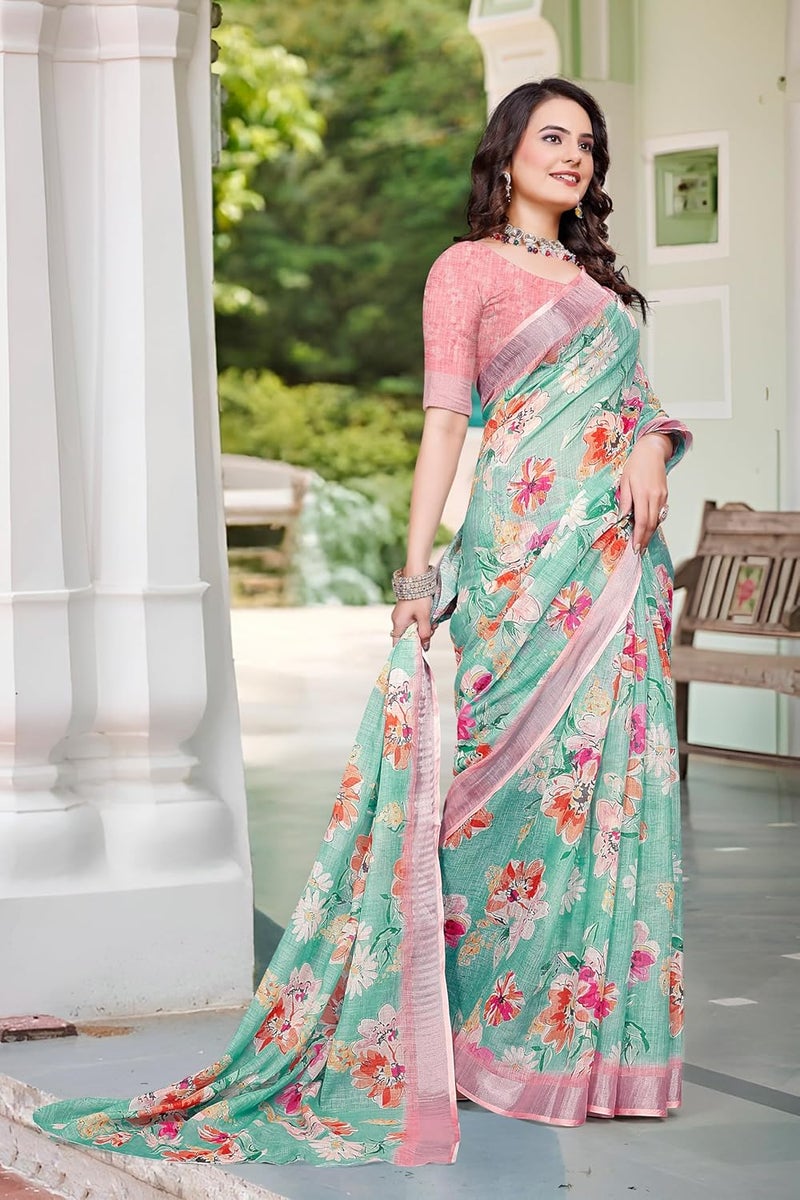Sidhidata Women's Digital Printed Cotton Linen Blend Saree with Unstitched Blouse Piece in Seagreen and Multicolor - Image 4