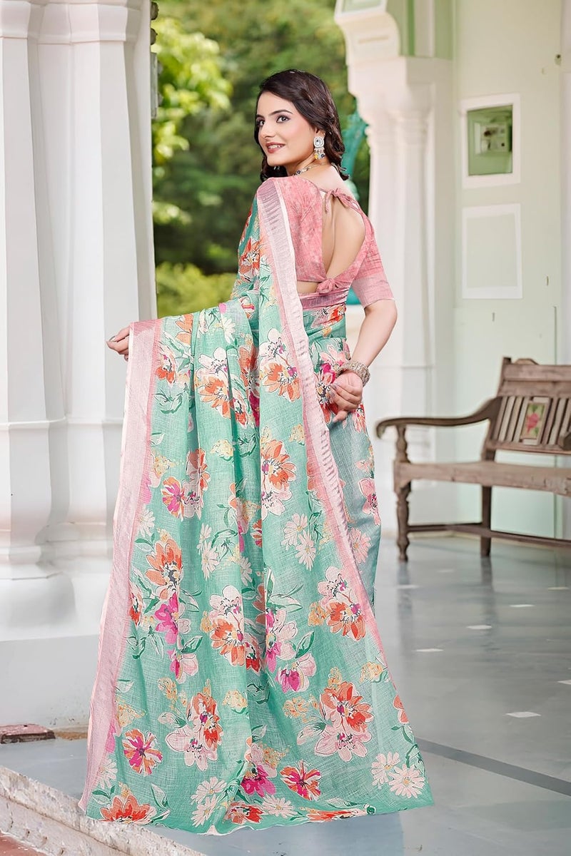 Sidhidata Women's Digital Printed Cotton Linen Blend Saree with Unstitched Blouse Piece in Seagreen and Multicolor - Image 5