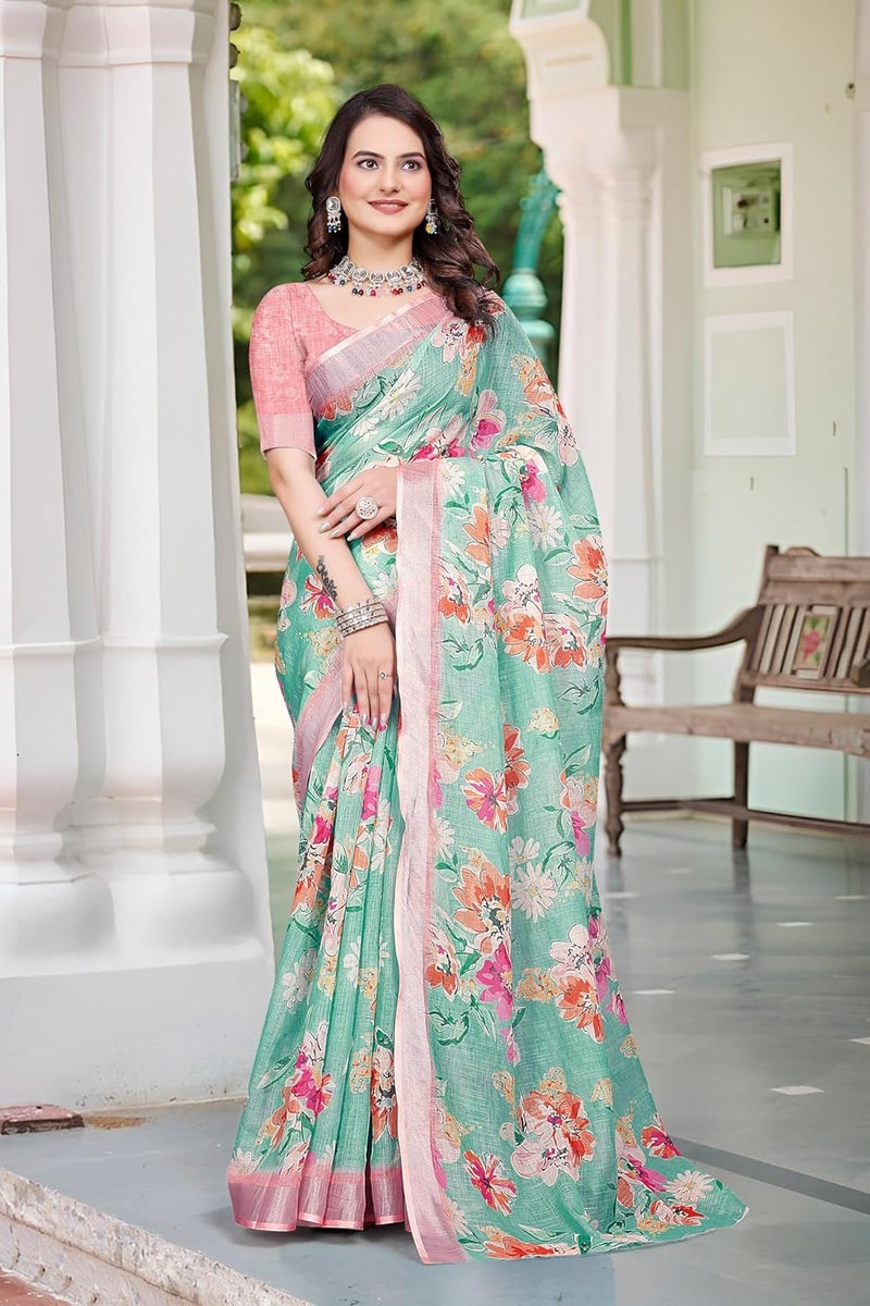 Sidhidata Women's Digital Printed Cotton Linen Blend Saree with Unstitched Blouse Piece in Seagreen and Multicolor - Image 2