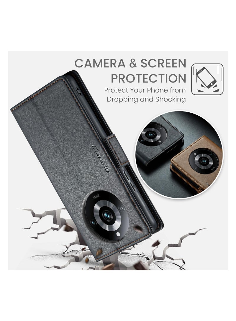 CaseMe Phone Case Luxury PU Leather Design Anti Fingerprint 023 Flip Cover Card Slot Holder Cover For Realme 11 Pro/Realme 11 Pro Plus (Black) - Image 3