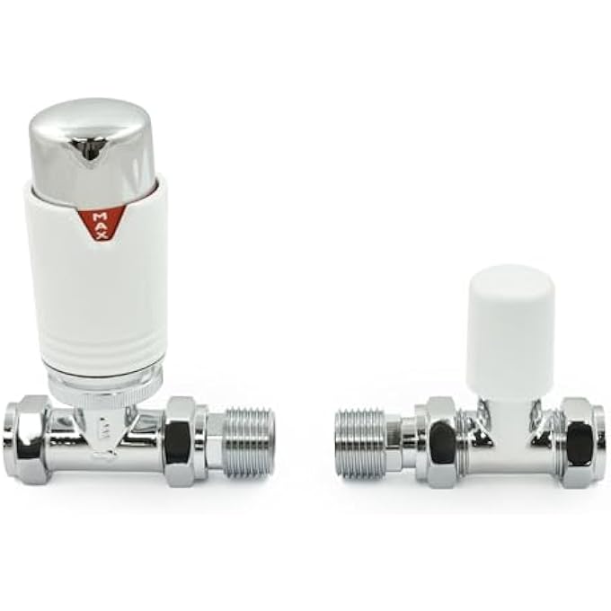 THERMOSTATIC RADIATOR VALVE STRAIGHT HEATED TOWEL RAIL TRV WHITE & CHROME  STYLE (WHITE & CHROME) - Image 1
