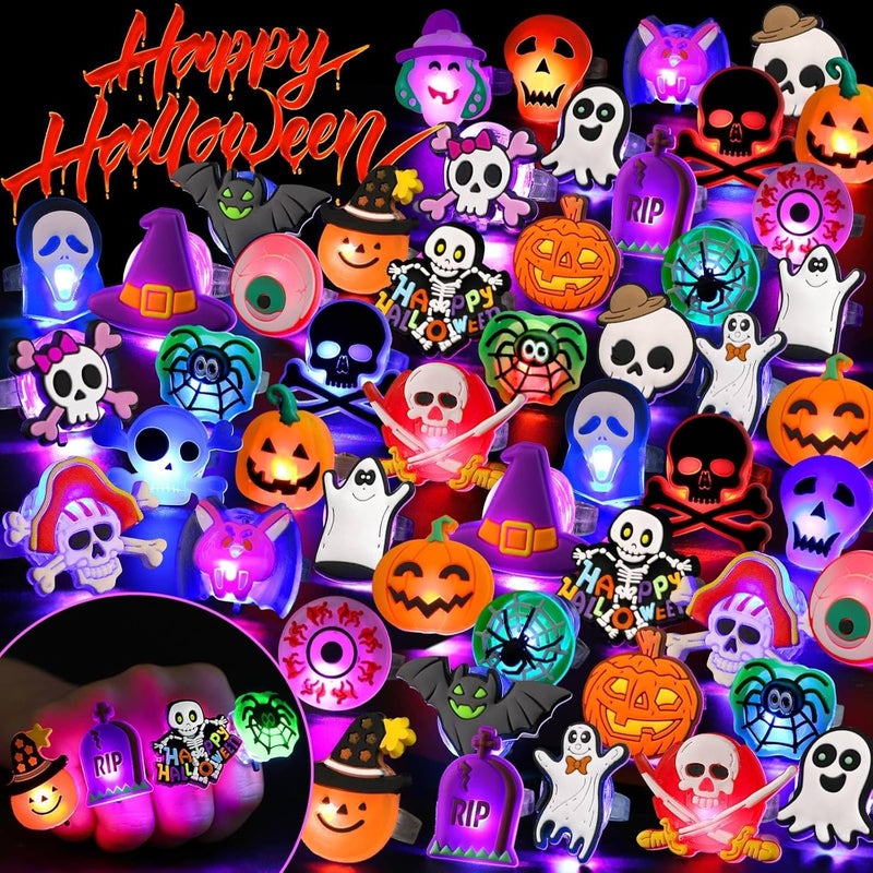 COOLANS Halloween Party Favors for Kids Adults Halloween Treats 50Pcs LED Ring Accessories Light Up Rings Accessories Flash Rings Non Candy Gift Bag Fillers NEW VERSION - Image 1