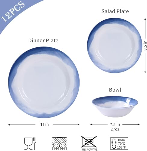 Lechoo Melamine Dinnerware Sets- 12pcs Melamine Plates and Bowls Set for 4, Suitable for Indoor and Outdoor Use, Blue - Image 2