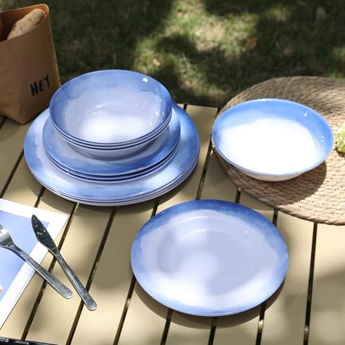 Lechoo Melamine Dinnerware Sets- 12pcs Melamine Plates and Bowls Set for 4, Suitable for Indoor and Outdoor Use, Blue - Image 4