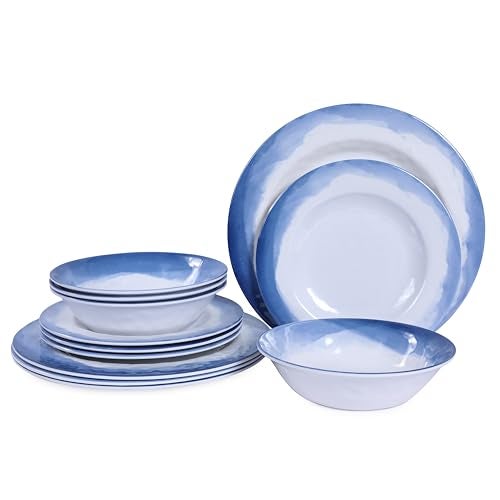 Lechoo Melamine Dinnerware Sets- 12pcs Melamine Plates and Bowls Set for 4, Suitable for Indoor and Outdoor Use, Blue - Image 1