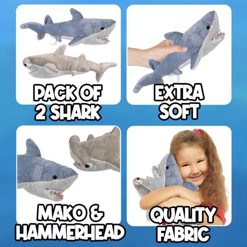 Bedwina Stuffed Animal Sharks - Pack of 2 Large, 14 inch Mako & 13 inch Hammerhead Plush Shark Toys, Stuff Animals Toy, for Baby Toddlers & Kids - Image 2