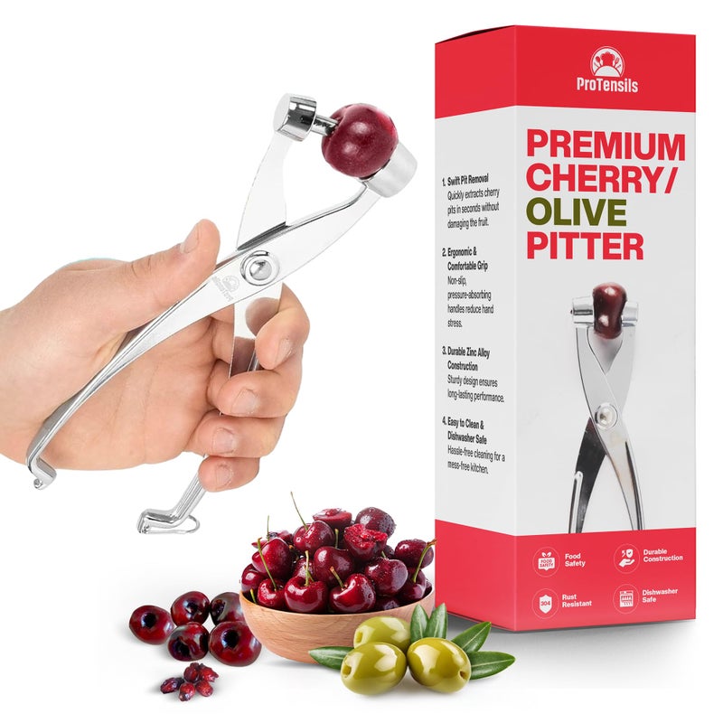 ProTensils Premium Cherry Pitter Stoner  Olive Pitter Tool Heavy Duty  Quality Finish  Includes Cherry Recipe EBOOK Silver