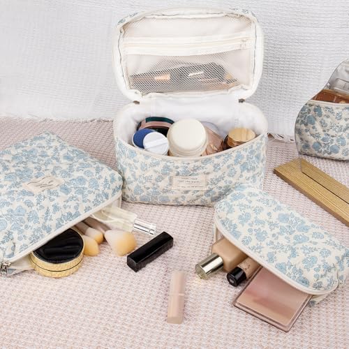 Gosect Makeup Bag Set, Quilted Makeup Bag, Large Floral Cosmetic Bag for Women, Cute Cotton Makeup Bag, Flower Travel Toiletry Organizer Bag(Color-Coded Floral) - Image 5