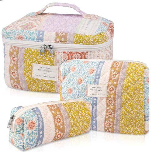 Gosect Makeup Bag Set, Quilted Makeup Bag, Large Floral Cosmetic Bag for Women, Cute Cotton Makeup Bag, Flower Travel Toiletry Organizer Bag(Color-Coded Floral) - Image 1