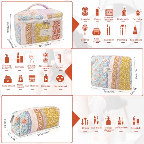 Gosect Makeup Bag Set, Quilted Makeup Bag, Large Floral Cosmetic Bag for Women, Cute Cotton Makeup Bag, Flower Travel Toiletry Organizer Bag(Color-Coded Floral) - Image 2