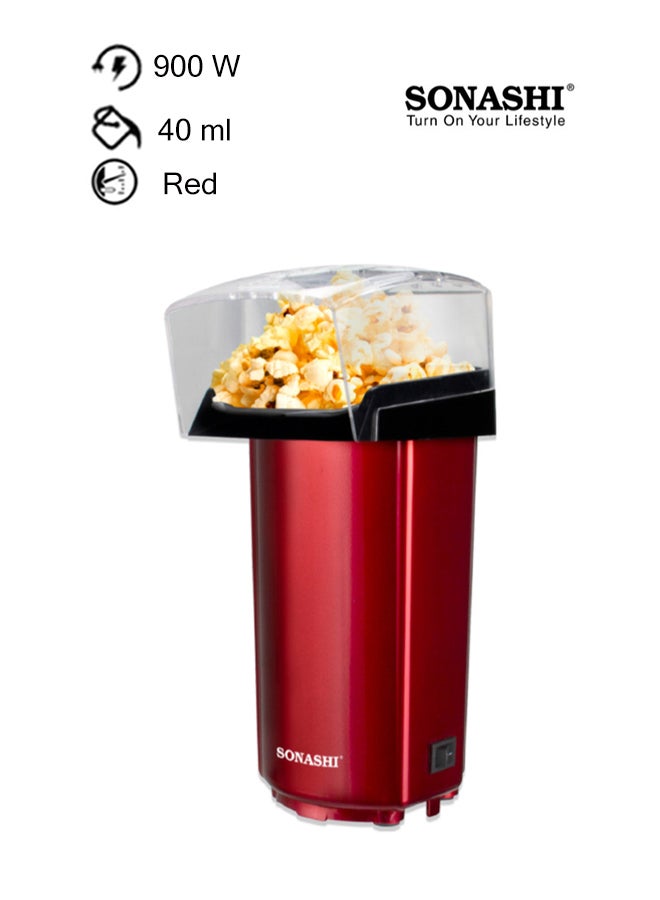 SONASHI Popcorn Maker | Classic Style Machine makes Hot, Fresh, and Fat-Free popcorn anytime - On/Off Switch, Easy To Use with Non-slip Feet | Detachable Cap for easy clean 40 ml 900 W SPCM-101 Red - Image 1