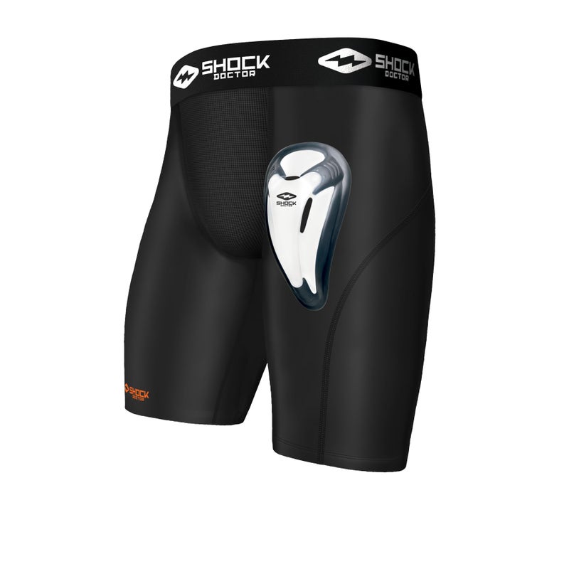 Shock Doctor Compression Shorts with Protective Bio-Flex Cup, Moisture Wicking Vented Protection, Youth & Adult Sizes Black - Image 1