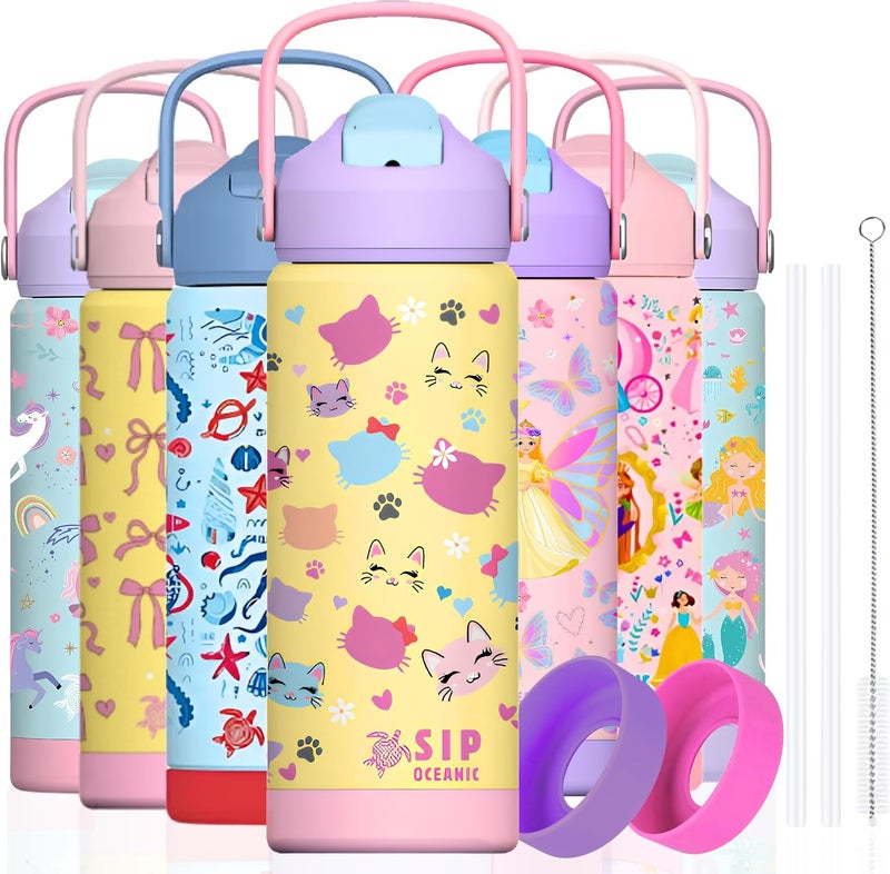OCEANIC 550ml Girls Premium Stainless Steel Water Bottle with Straw – Leak-Proof, Double-Wall Vacuum Insulated Kids Flask for School & Sports, BPA-Freef (Kitty Cats, 550ml) Changing environment compatible - Image 1