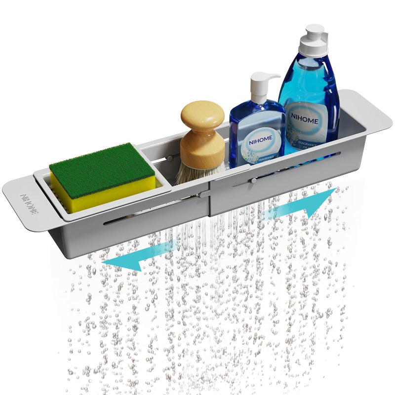 NiHome Extendable Over Sink Kitchen Organizer, Small Telescopic Brush Storage Rack for Sponge, Non-Slip Pads Expandable Sink Caddy, Adjustable Sponge/Brush Rack with Drainage Durable ABS (Gray) - Image 1