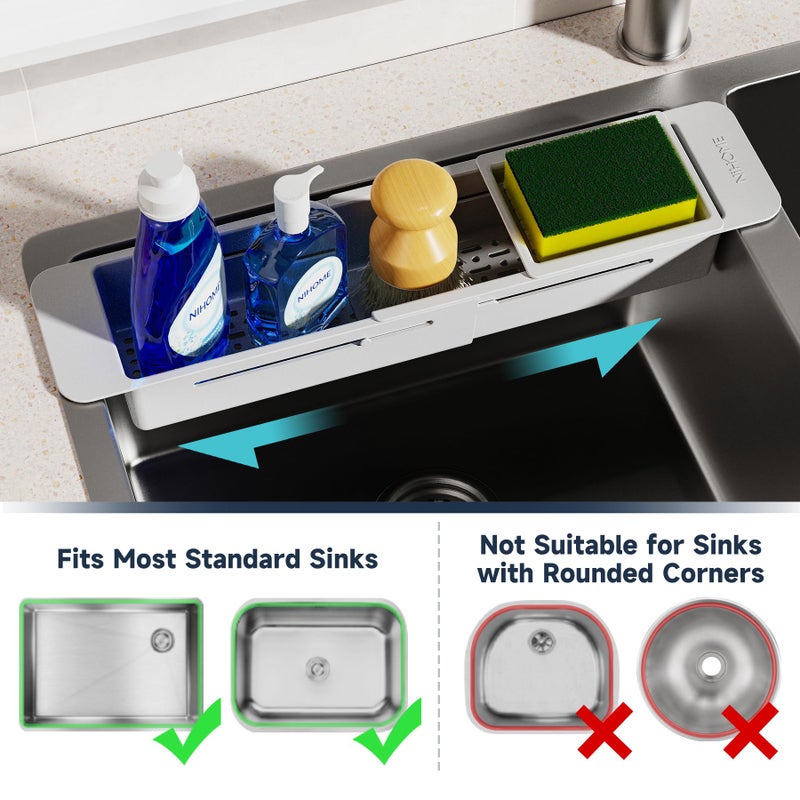 NiHome Extendable Over Sink Kitchen Organizer, Small Telescopic Brush Storage Rack for Sponge, Non-Slip Pads Expandable Sink Caddy, Adjustable Sponge/Brush Rack with Drainage Durable ABS (Gray) - Image 4