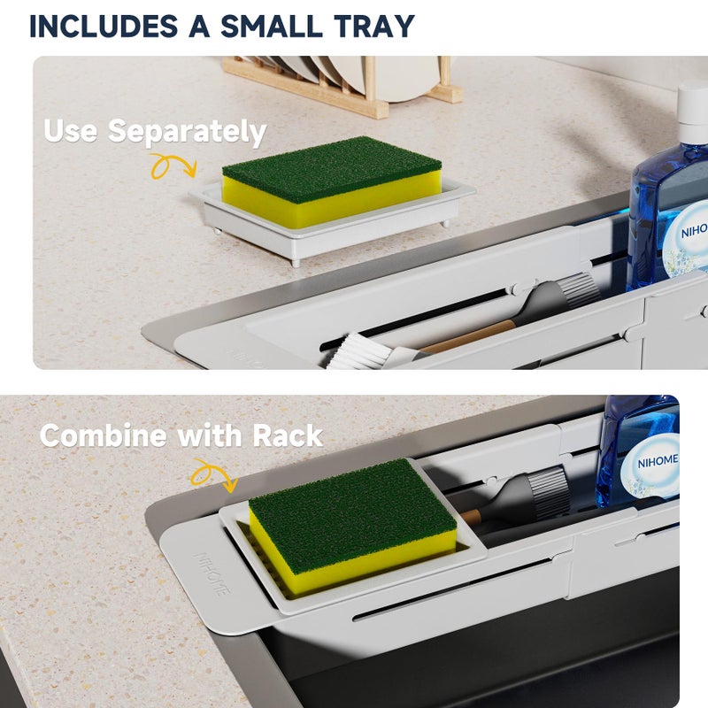 NiHome Extendable Over Sink Kitchen Organizer, Small Telescopic Brush Storage Rack for Sponge, Non-Slip Pads Expandable Sink Caddy, Adjustable Sponge/Brush Rack with Drainage Durable ABS (Gray) - Image 3