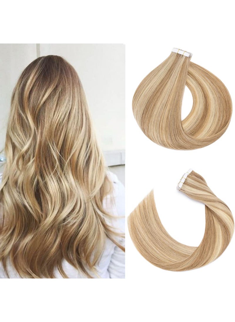 Rich Choices - Rich Choices Tape in Hair Extensions Human Hair 40pcs 100g 100 Remy Tape Hair Extensions Real Human HairSeamless Tape in Hair Extension 18 Inch 12P613 Golden Brown Highlighted Bleach Blonde - Image 1