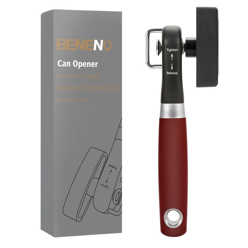 Beneno Can Opener Manual Side Safe Cut Can Opener Smooth Edge with Durable Sharp Blade EffortSaving Knob  Comfortable Nonslip Handle Red