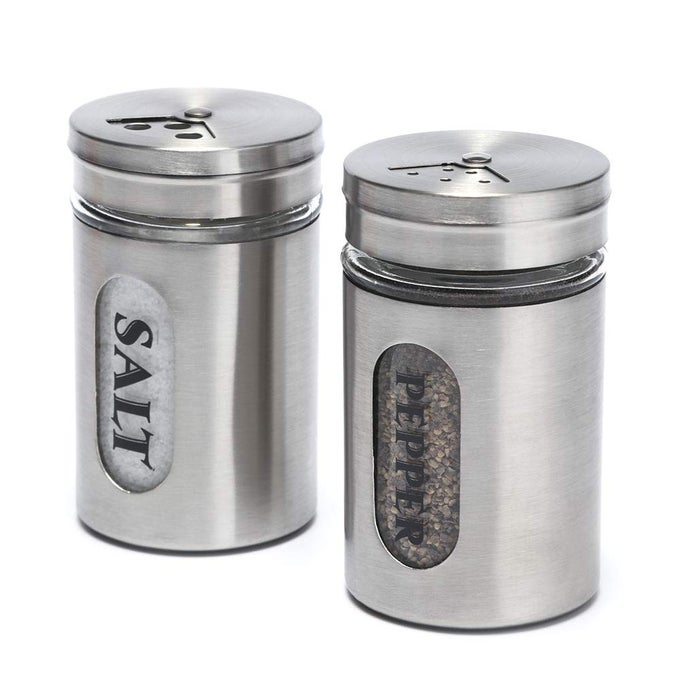 SALT AND PEPPER SHAKERS STAINLESS STEEL AND GLASS SET SILVER