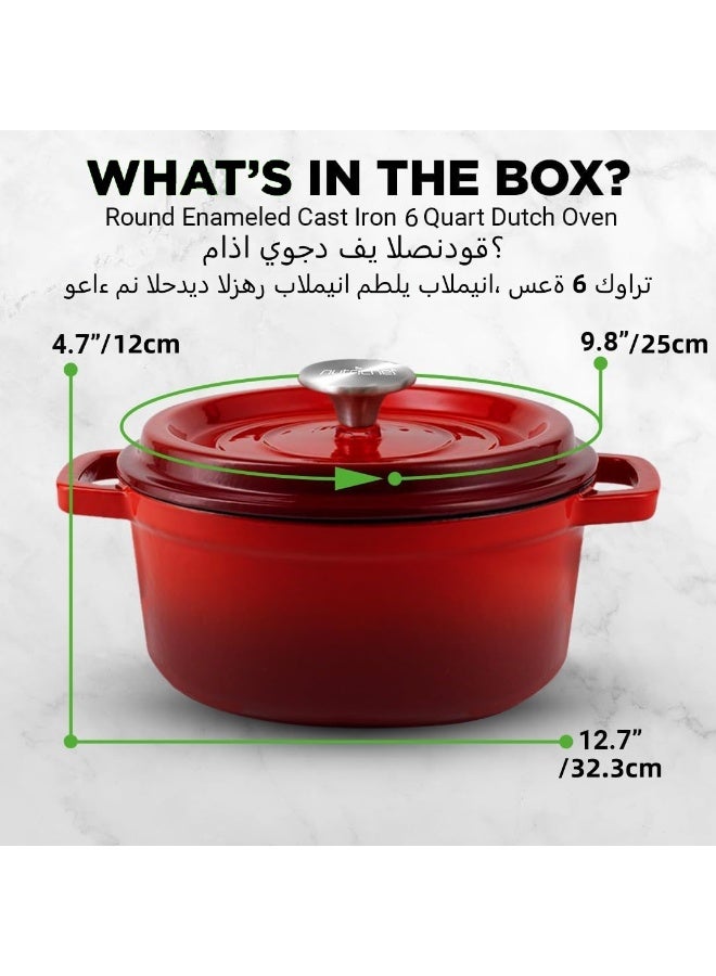 وعاء هولندي من الحديد الزهر المطلي بالمينا، 6 كوارات / 5.7 لتر، وعاء دائري بغطاء ذاتي الترطيب، طبق كاسرول مطلي بالمينا شديد التحمل لخبز العجين المخمر (Sourdough) والتحمير والتحميص - أحمر زاهٍ - Image 2