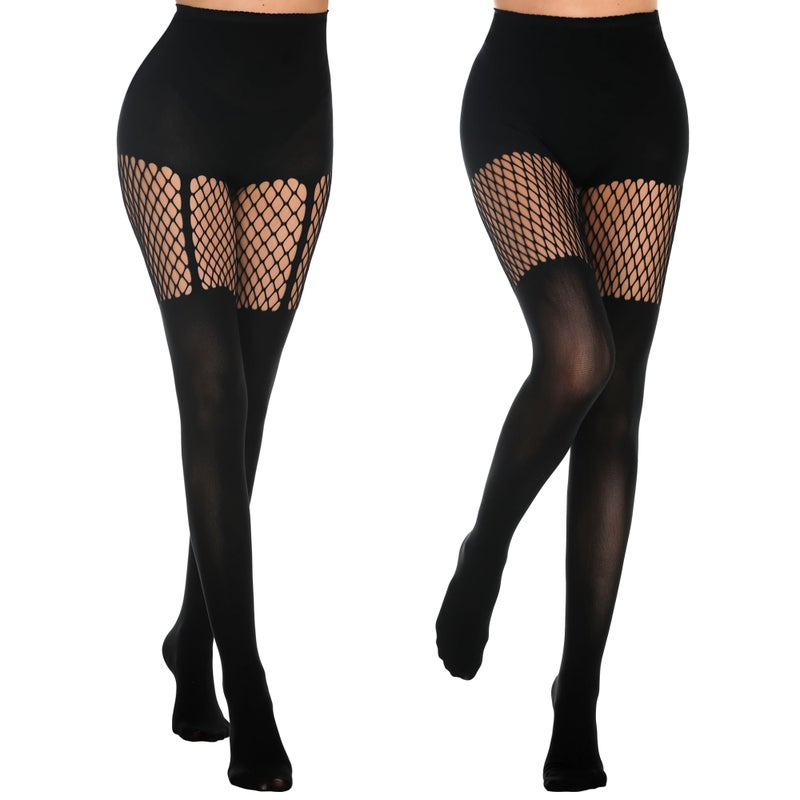 MANZI Womens Faux Thigh High Fishnet Stockings Stitching Opaque Pantyhose Mock Over the Knee Goth Tights Striped Suspender Nylons(1 Grid+1 Suspender) - Image 1