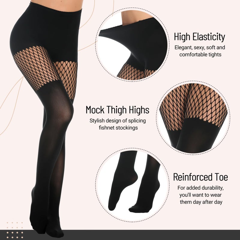 MANZI Womens Faux Thigh High Fishnet Stockings Stitching Opaque Pantyhose Mock Over the Knee Goth Tights Striped Suspender Nylons(1 Grid+1 Suspender) - Image 4