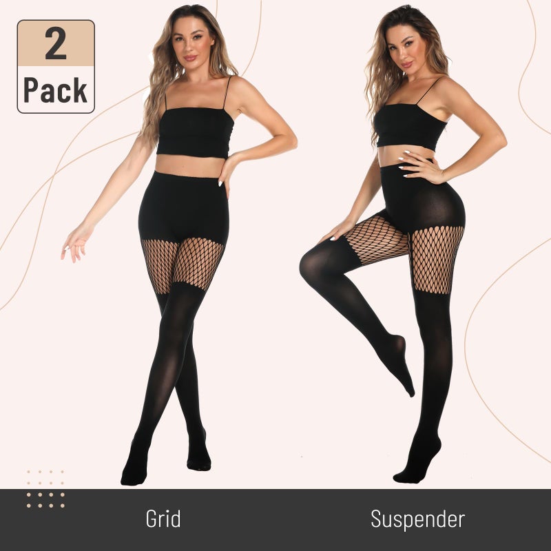 MANZI Womens Faux Thigh High Fishnet Stockings Stitching Opaque Pantyhose Mock Over the Knee Goth Tights Striped Suspender Nylons(1 Grid+1 Suspender) - Image 2