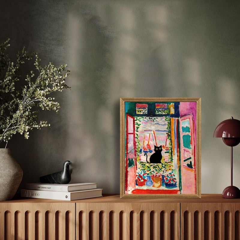 Fantasy Artists Henri Matisse Cat Wall Art, Framed Open Window Black Cat Canvas Poster Prints, Abstract Aesthetic Wall Decors for Living Room, Oil Paintings for Room Bathroom Decorations 8" X 10" - Image 4