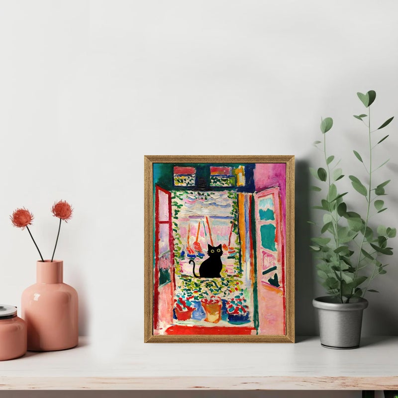 Fantasy Artists Henri Matisse Cat Wall Art, Framed Open Window Black Cat Canvas Poster Prints, Abstract Aesthetic Wall Decors for Living Room, Oil Paintings for Room Bathroom Decorations 8" X 10" - Image 3