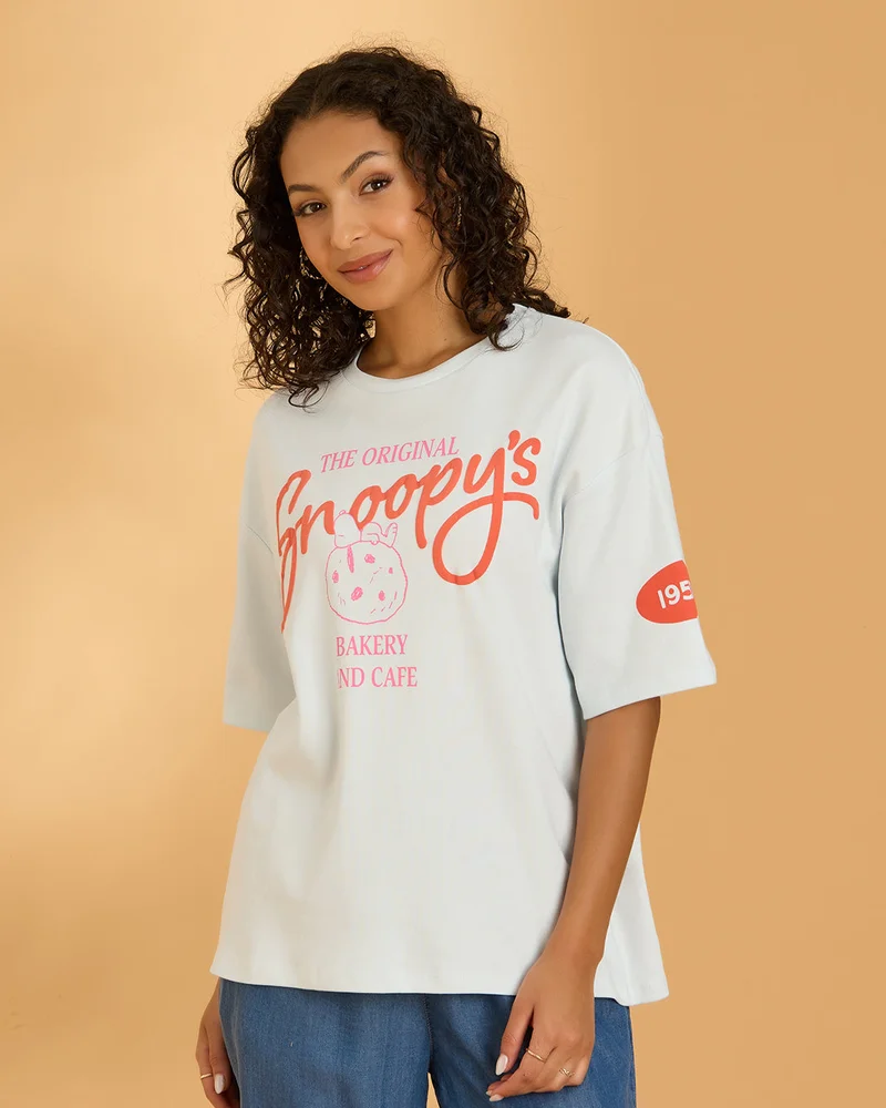 REDTAG Women Ivory Snoopy Graphic Oversized T Shirt