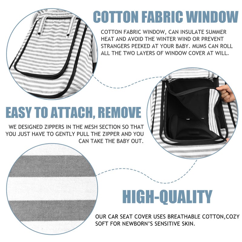 Vaxaape Car Seat Covers for Babies,Baby Car Seat Cover for Boys Girls,Windproof Infant Carseat Cover,Kick-Proof Car Seat Canopy with Breathable Mesh Peep Window,Stripe Print,Summer Lightweight - Image 3