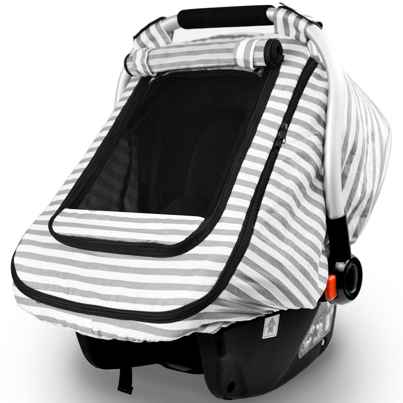 Vaxaape Car Seat Covers for Babies,Baby Car Seat Cover for Boys Girls,Windproof Infant Carseat Cover,Kick-Proof Car Seat Canopy with Breathable Mesh Peep Window,Stripe Print,Summer Lightweight - Image 1
