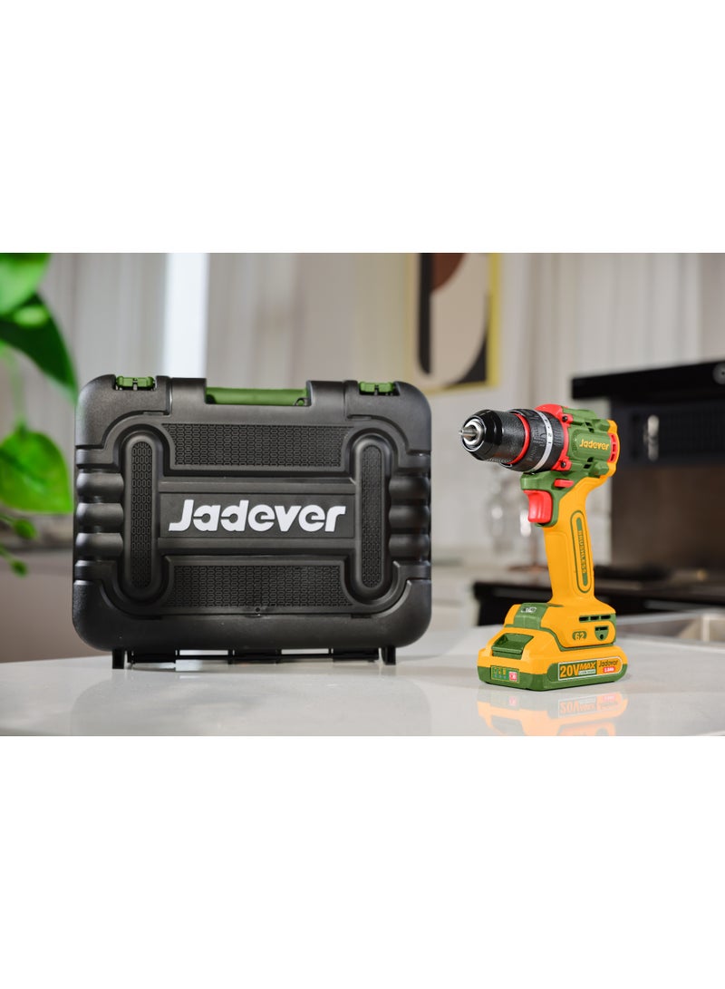 جاديفر  JADEVER مثقاب تأثيري لاسلكي بدون فرشاة 20 فولت بعزم دوران 62 نيوتن.م، مزود ببطاريتين ليثيوم أيون 2×2.0 أمبير/ساعة مع شاحن وحقيبة حمل - Image 2