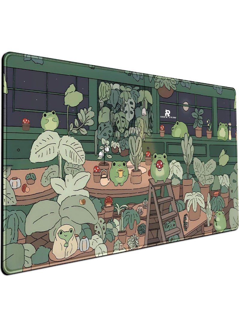 Rock Pow Cute Frog Mouse Pad Desk Pad Kawaii Green Desk Decor Mat, Large Gaming Mouse Pad for Desk Computer Keyboard Laptop, Desk Decor Home Office Accessories for Girl (31.5x15.7 in)-with Stitched Eges Pad  - Image 1