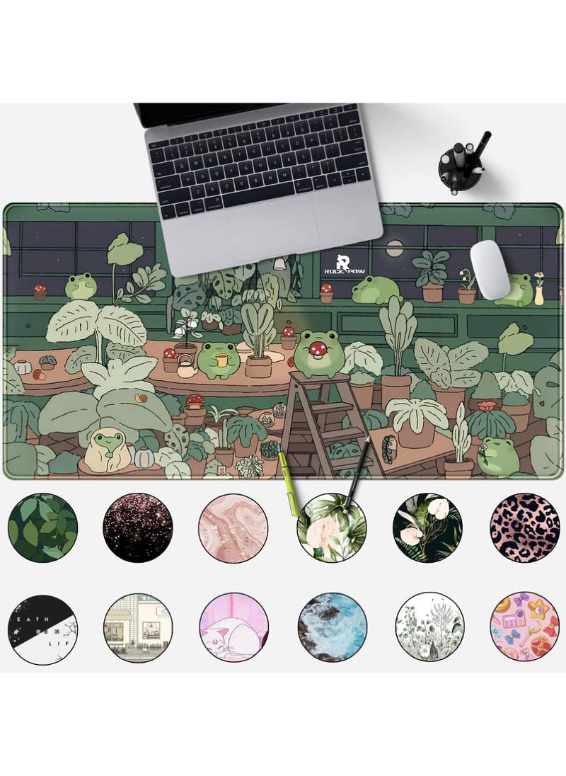 Rock Pow Cute Frog Mouse Pad Desk Pad Kawaii Green Desk Decor Mat, Large Gaming Mouse Pad for Desk Computer Keyboard Laptop, Desk Decor Home Office Accessories for Girl (31.5x15.7 in)-with Stitched Eges Pad  - Image 2