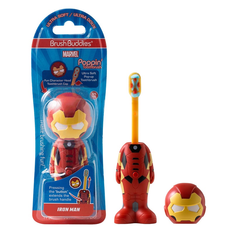Brush Buddies Marvel Iron Man Kids Toothbrush, Soft Rounded Bristles, Poppin' Fun Superhero Toothbrush Cover - Image 1