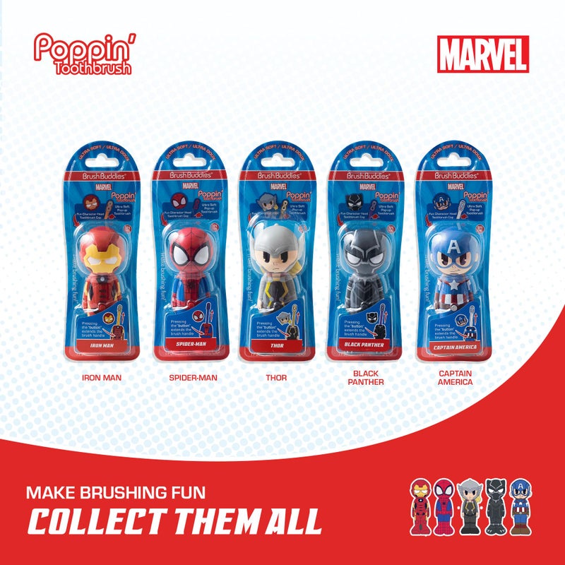 Brush Buddies Marvel Iron Man Kids Toothbrush, Soft Rounded Bristles, Poppin' Fun Superhero Toothbrush Cover - Image 3
