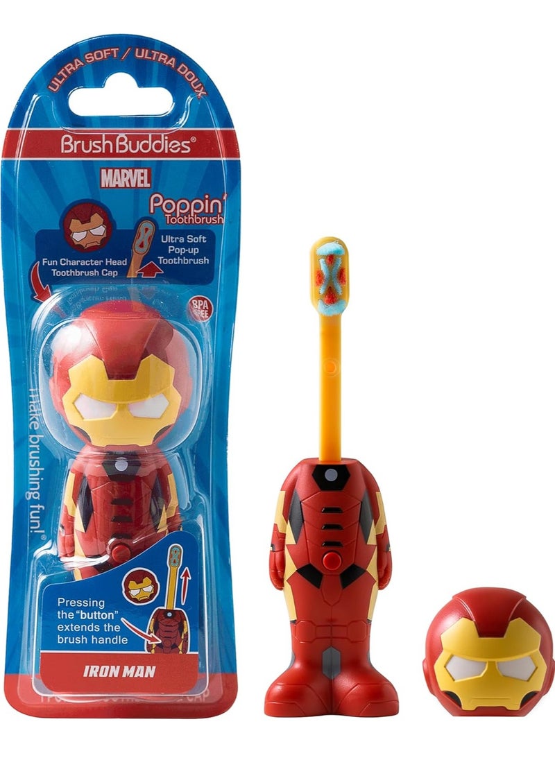 Brush Buddies - Brush Buddies Marvel Iron Man Toothbrush for Kids, Soft & Rounded Bristles, Poppin' Fun Kids Toothbrush, Ultra Soft Pop-up Toothbrush with Superhero Toothbrush Cover - Image 1